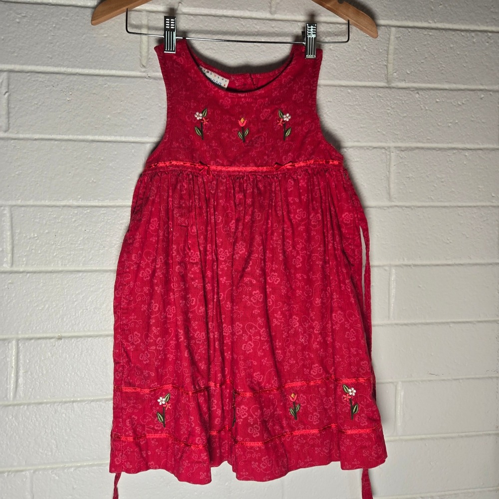 Samara Girls Dress Red Corduroy Floral Embroidered Sleeveless 6 Cottagecore